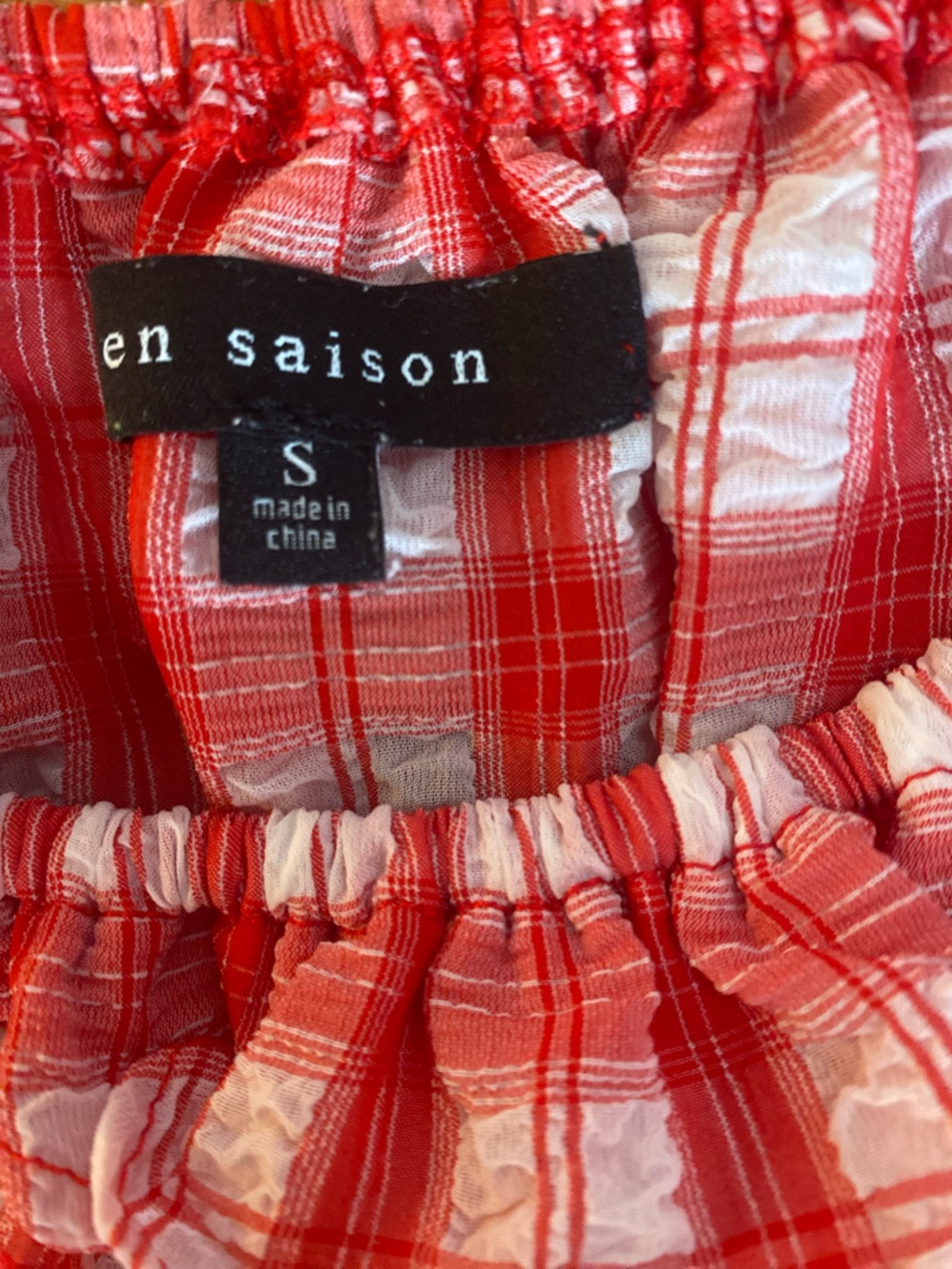 En Saison Red Plaid Smocked Milkmaid Top Puff Sleeve Peplum Cottagecore S - Picture 9 of 13